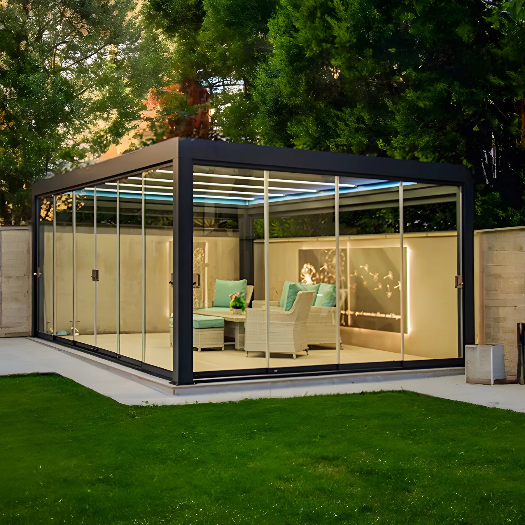Enclosed pergola with glass walls in garden