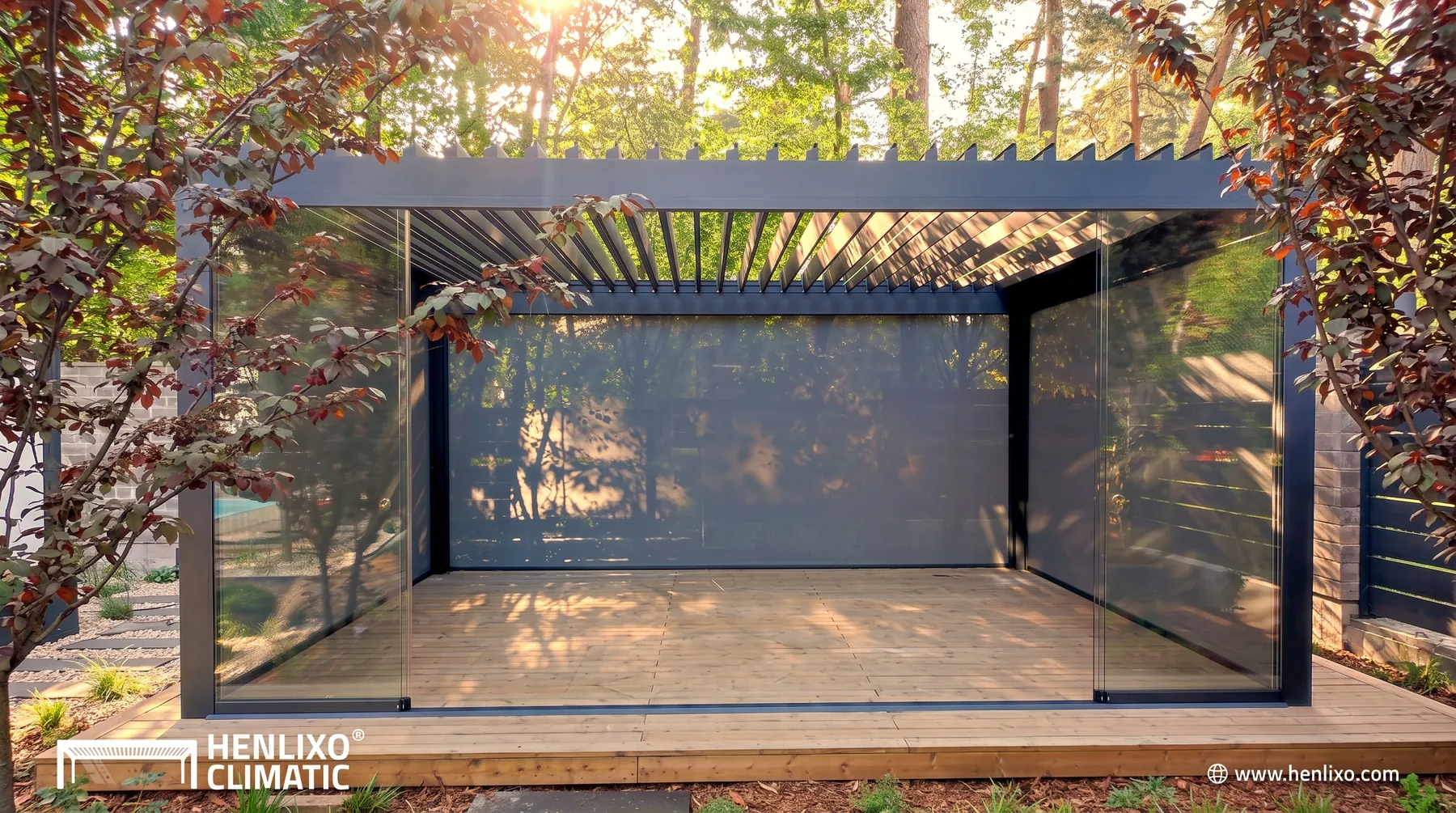 HENLIXO CLIMATIC motorized aluminum louver roof pergola enclosed beside a pool